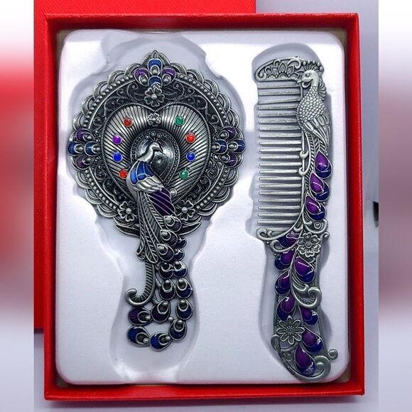 Vintage Peacock Mirror Comb Gift Set Antiqued Rhinestone Regency Vanity Boxed